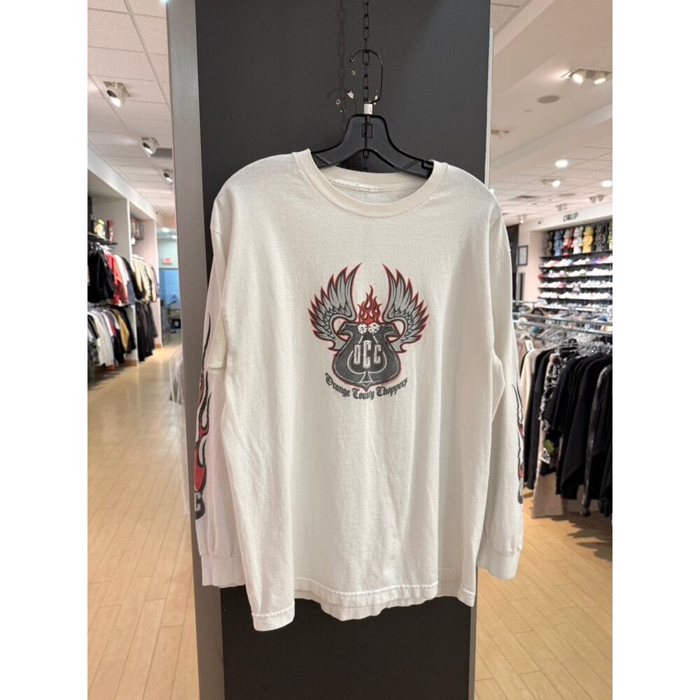 2003 Orange County Choppers Y2K Vintage White Red Flame Long Sleeve Tee Shirt